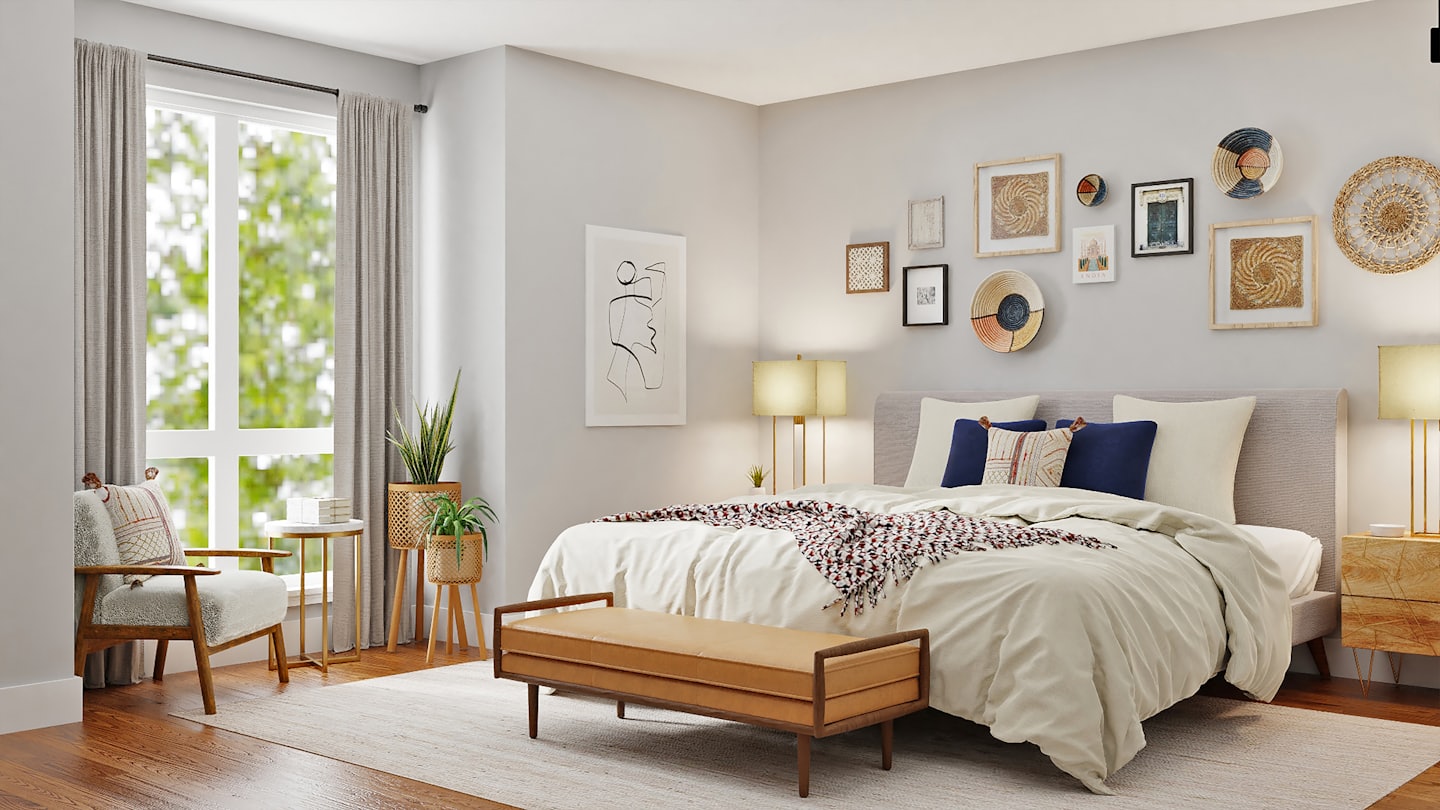 Camera da letto moderna con decorazioni murali in tessuto e piante.
